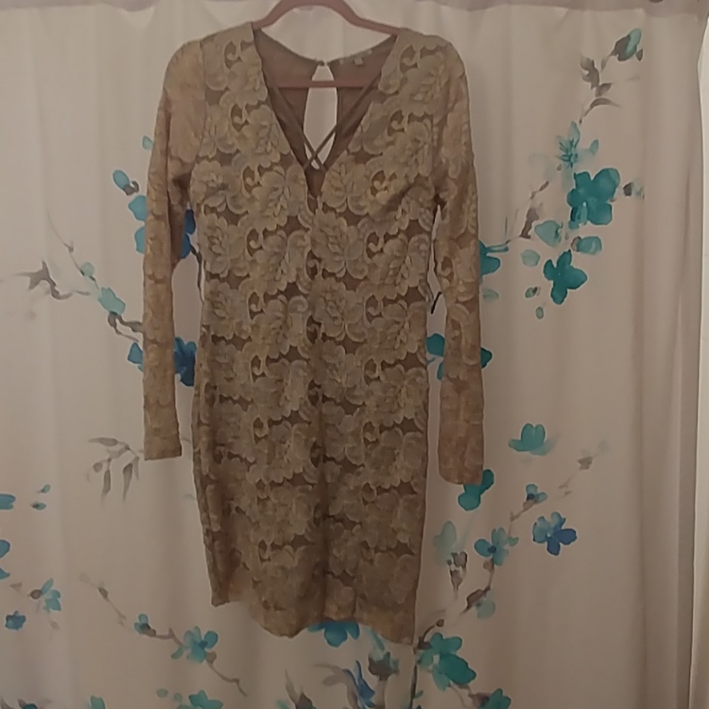 Gold lace evening-cocktail-party dress